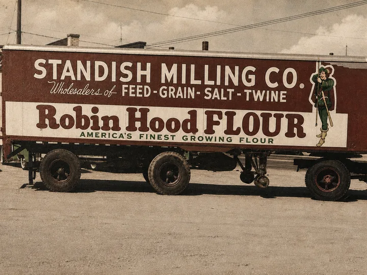 Standish Milling Co. delivery truck lettered for Robin Hood Flour, feed, grain, salt and twine